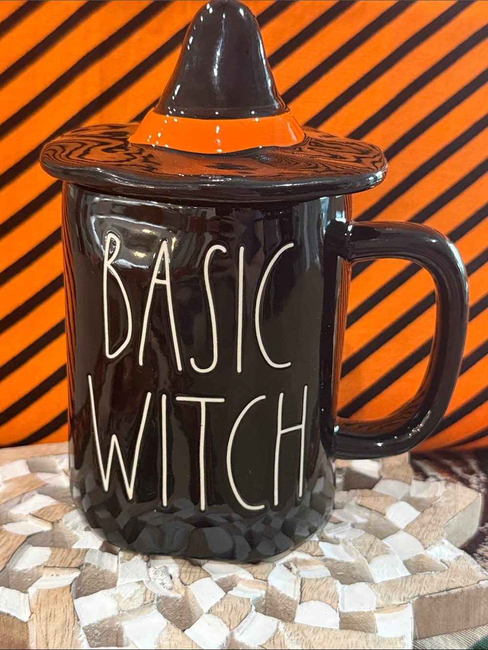 Rae Dunn Black 'BASIC WITCH' Ceramic Mug with Witch Hat Lid and Orange Accent